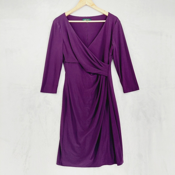 Lauren Ralph Lauren Dresses & Skirts - New Lauren Ralph Lauren Faux Wrap Purple V Neck Ruched Dress P6493